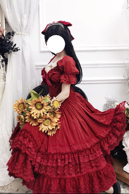 Red Short Puff Sleeves Multi-layered Ruffle Bowknot Classic Lolita Dress
