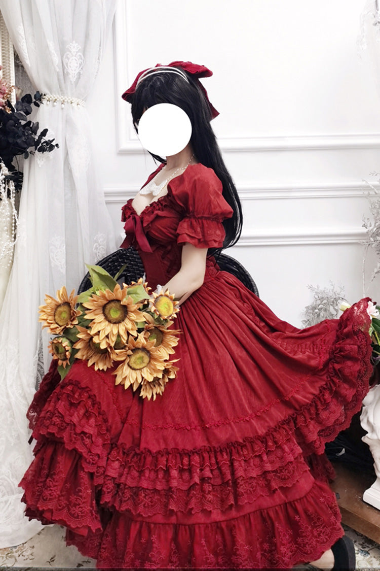 Red Short Puff Sleeves Multi-layered Ruffle Bowknot Classic Lolita Dress
