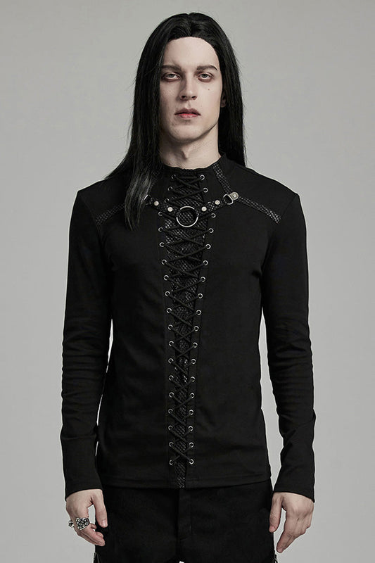 Black Long Sleeves Stitching Lace-up Ripped Punk Blouse