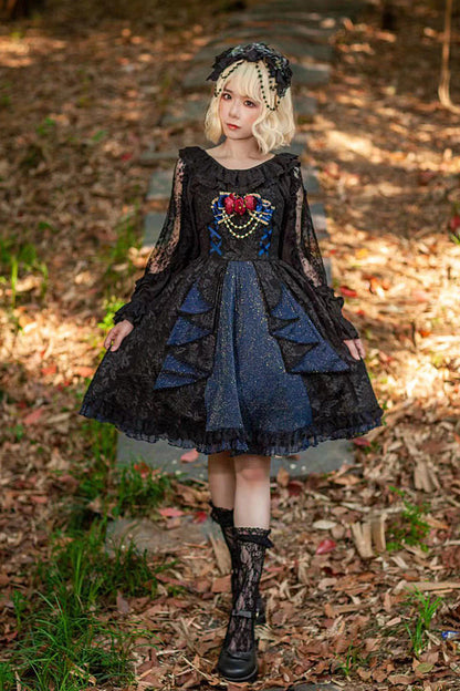Black/blue Ruffle Cardigan Bowknot Lace Classic Lolita Dress