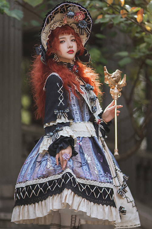 Multi-color Ruffled Sleeve Retro Printed High Waist Classic Lolita Op Dress