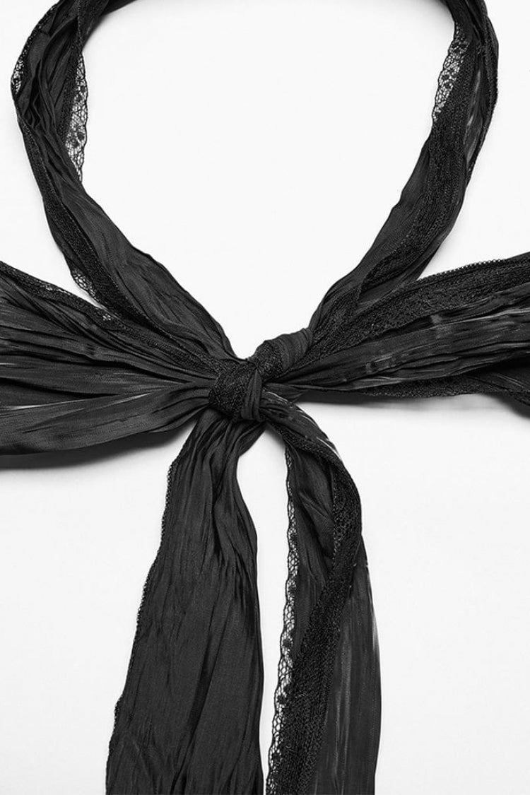 Black Stand Collar Ruched Stitching Lace Gothic Blouse With Scarf