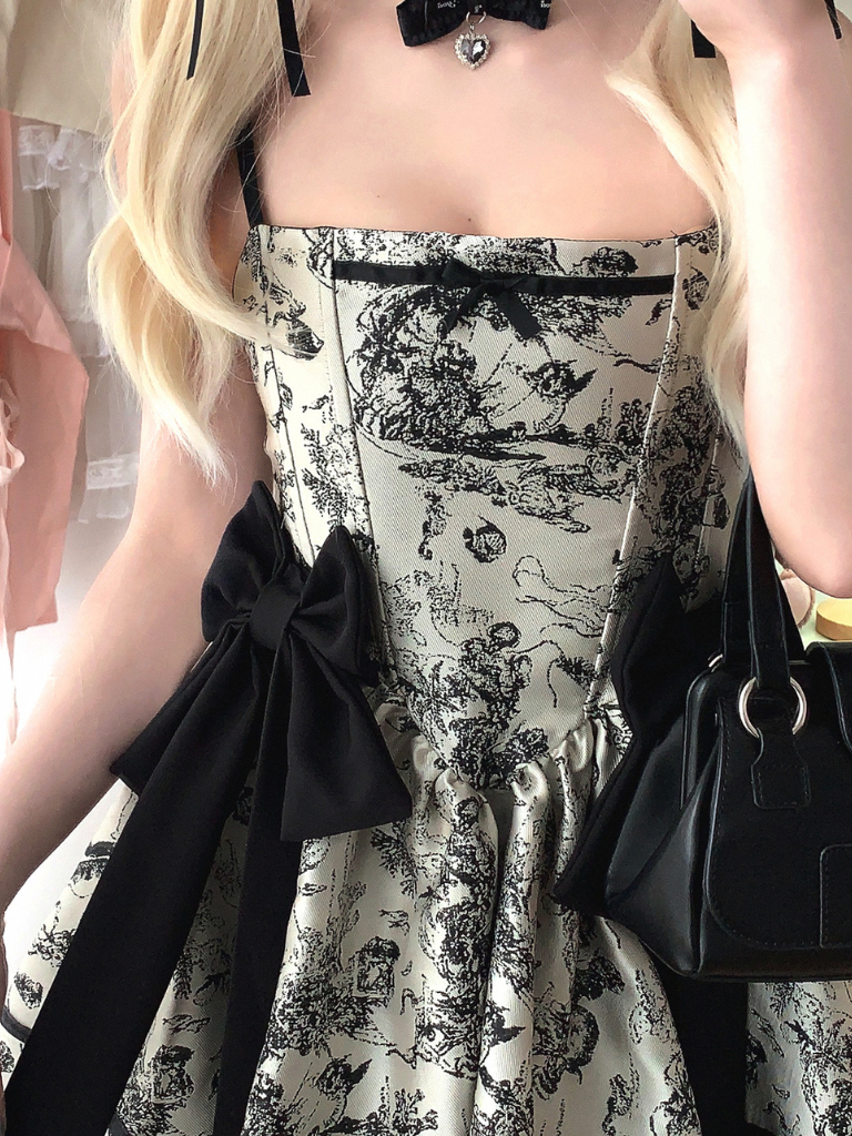 Dark Night Banquet Jacquard Retro Strapless Fishbone Bow Dress