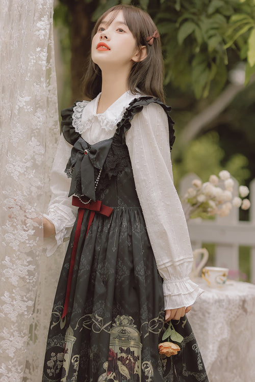 Black Ruffled Strap Court Print Front and Back Bow Classic Lolita Jsk Dress