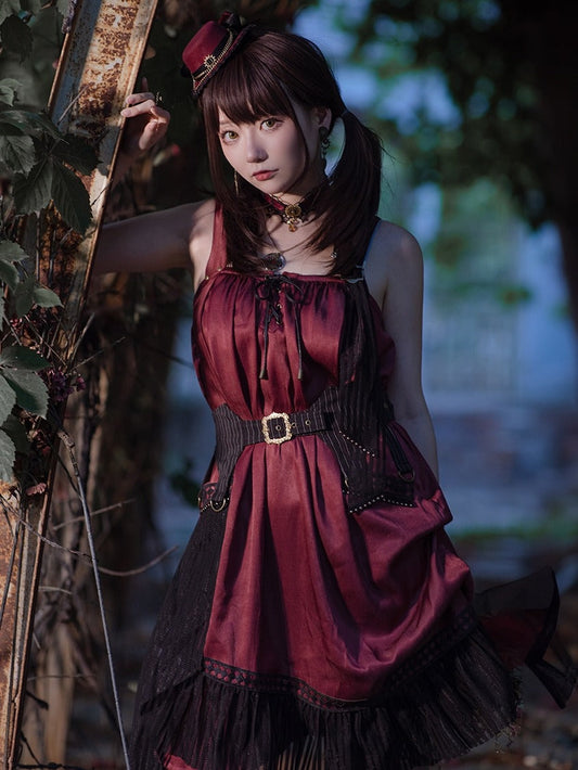[pre-order] Wine Red Shoulder Strap Light Gothic Doll Asymmetric Dress