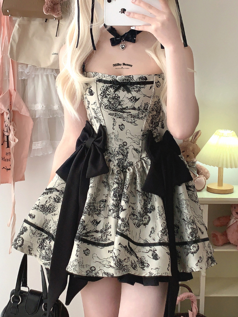 Dark Night Banquet Jacquard Retro Strapless Fishbone Bow Dress