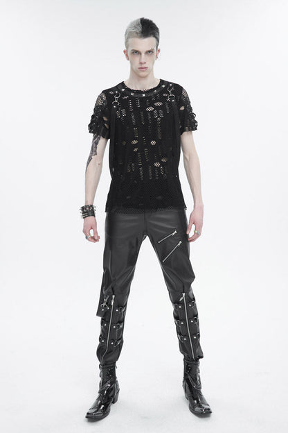 Black Half Hollow Shoulder Tie Design Punk T-shirt