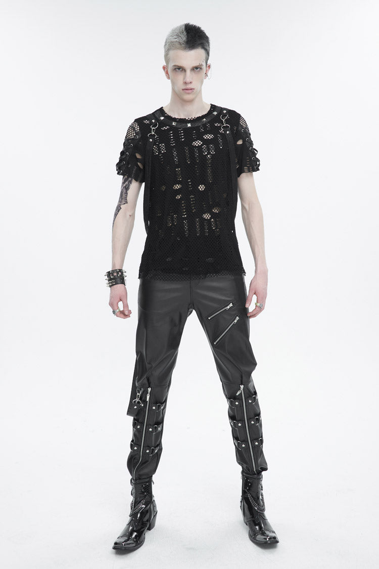Black Half Hollow Shoulder Tie Design Punk T-shirt