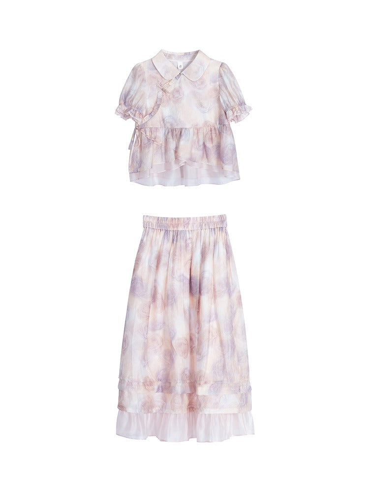 Chinese-style Rose Print Puff Sleeve Ruffle Shirt Skirt Two Piece Set