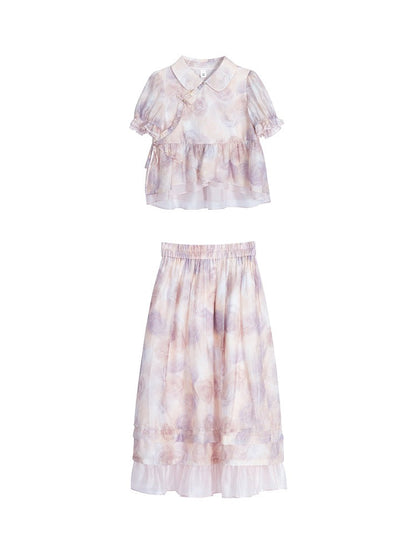 Chinese-style Rose Print Puff Sleeve Ruffle Shirt Skirt Two Piece Set