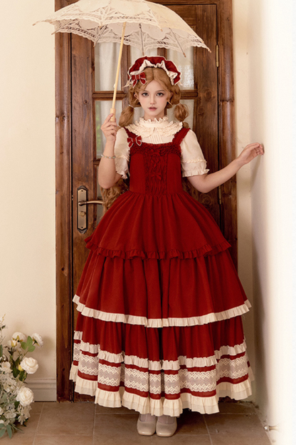 Doll Long Tiered Suspender Skirt + Shirt + Sleeves + Apron + Petticoat + Headband + Ribbon + Accessories