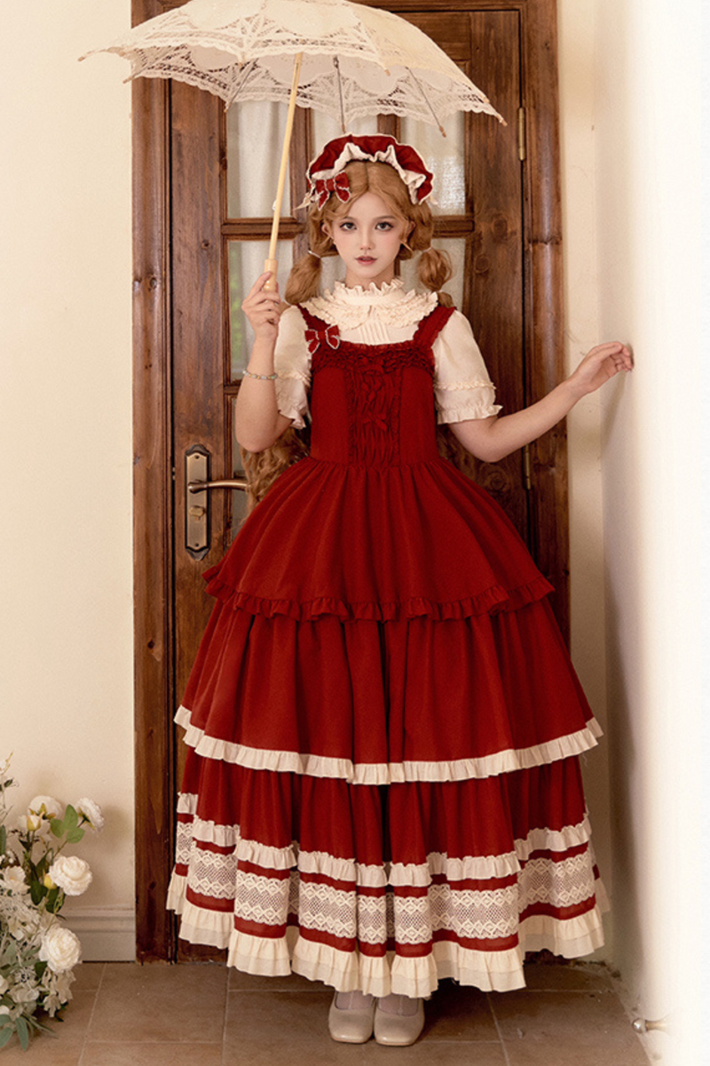 Doll Long Tiered Suspender Skirt + Shirt + Sleeves + Apron + Petticoat + Headband + Ribbon + Accessories