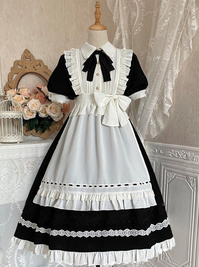 Front Ribbon Lantern Long Sleeve Maid Dress + Ruffle Big Ribbon Apron