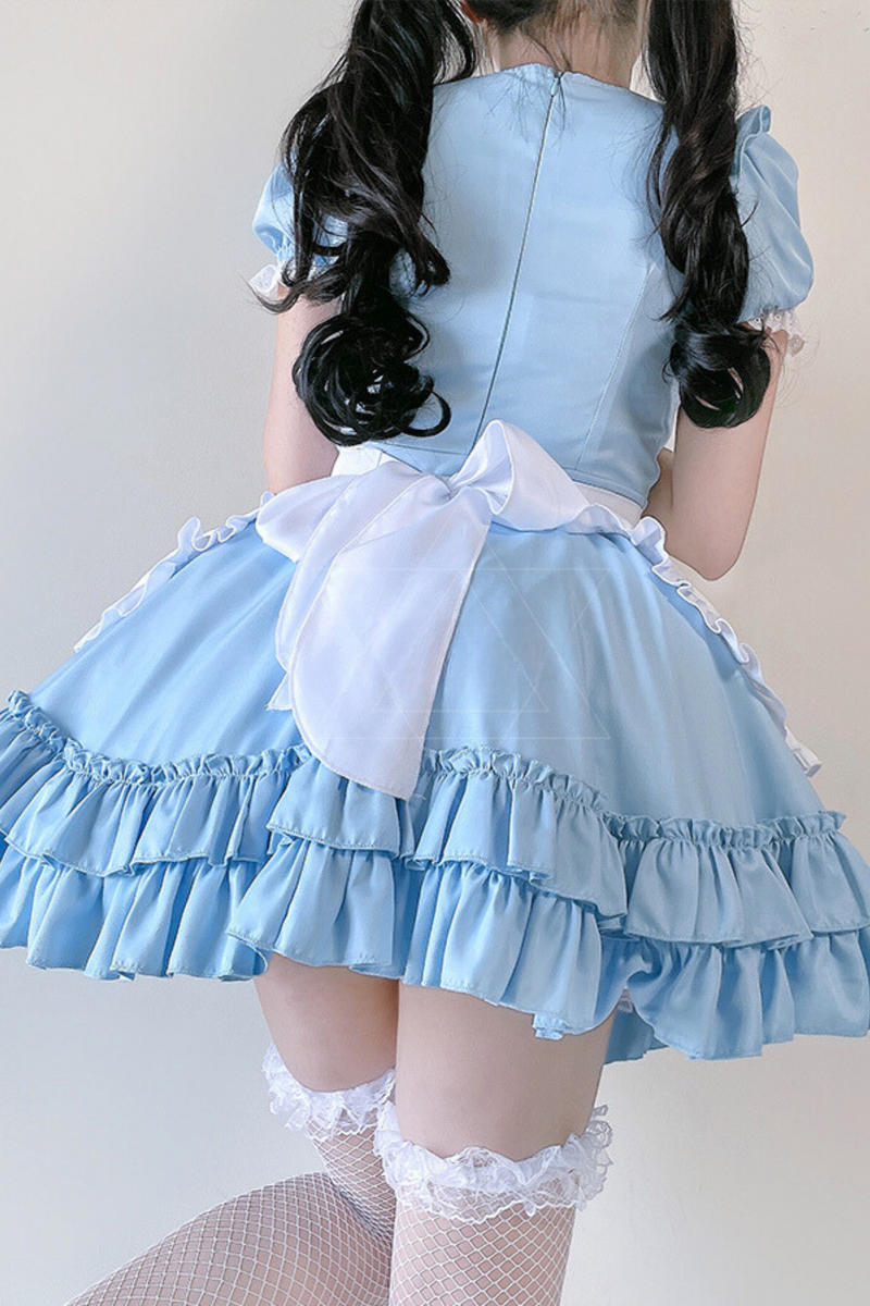 Double Ribbon Ruffle Lolita Maid Dress Set