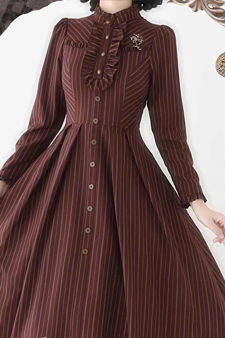 [forest Castle] Stand Collar Long Sleeves Striped Printed Ruffled Classic Lolita Dress 3 Colors