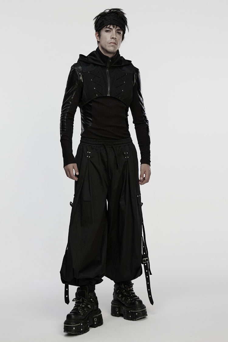 Black Stand Collar Sleeveless Hooded Zippered Punk Vest