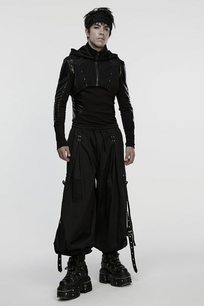 Black Stand Collar Sleeveless Hooded Zippered Punk Vest