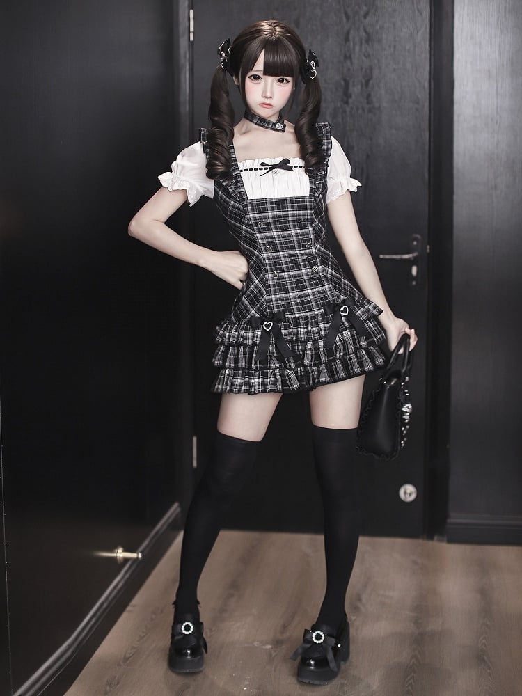 [pre-order Deadline: April 29] Black Check Ruffle Ribbon Puff Sleeve Mini Dress Set + Choker