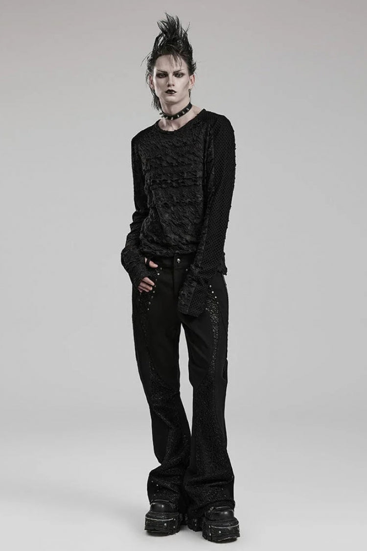 Black Long Sleeves Ripped Print Stitching Gothic T-shirt