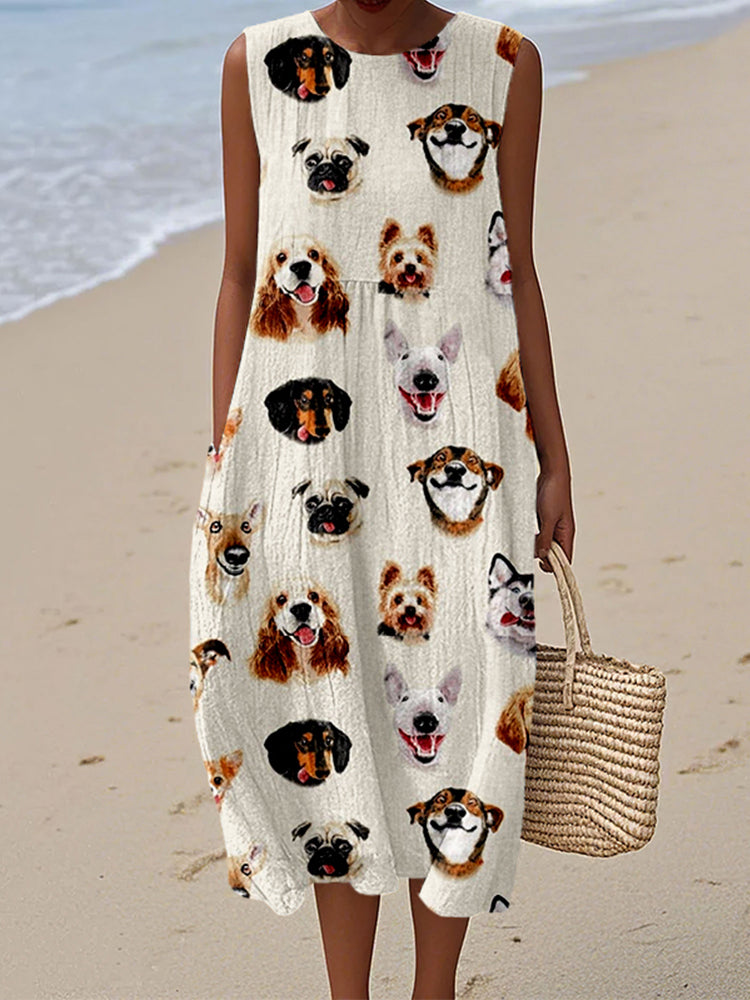 Cute Dog Heads Pattern Cozy Linen Tank Dress