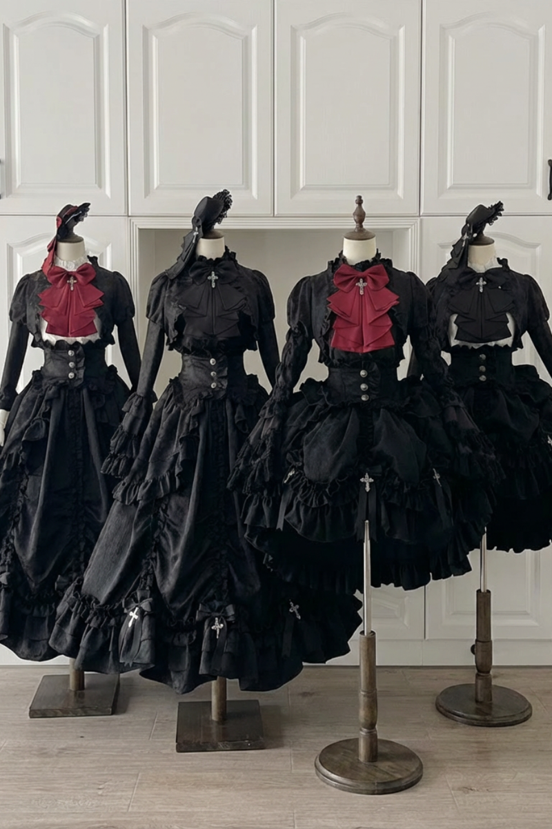 [pre-order Deadline: March 31] Cross Nocturne Gothic Dark Stripe Layered Top + Cross Rose Stripe Pull Up Skirt
