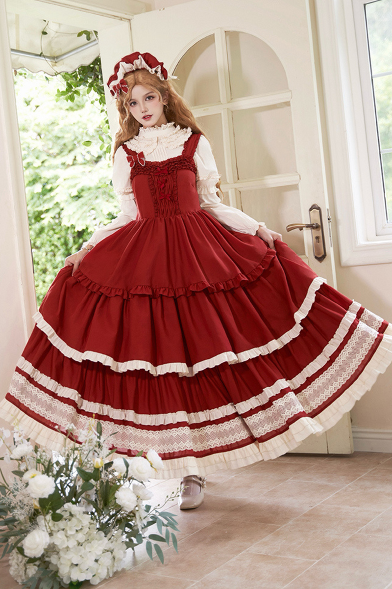 Doll Long Tiered Suspender Skirt + Shirt + Sleeves + Apron + Petticoat + Headband + Ribbon + Accessories