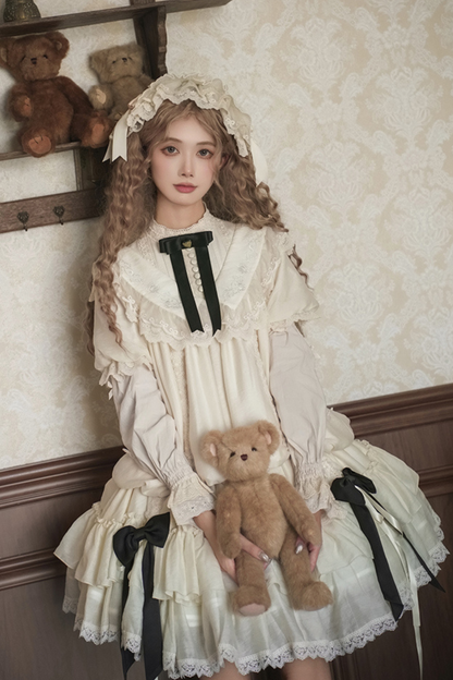 [pre-order] Rose Ruffle Lolita Dress + Dress + Belt + Brooch + Ribbon + Headband + Sleeve