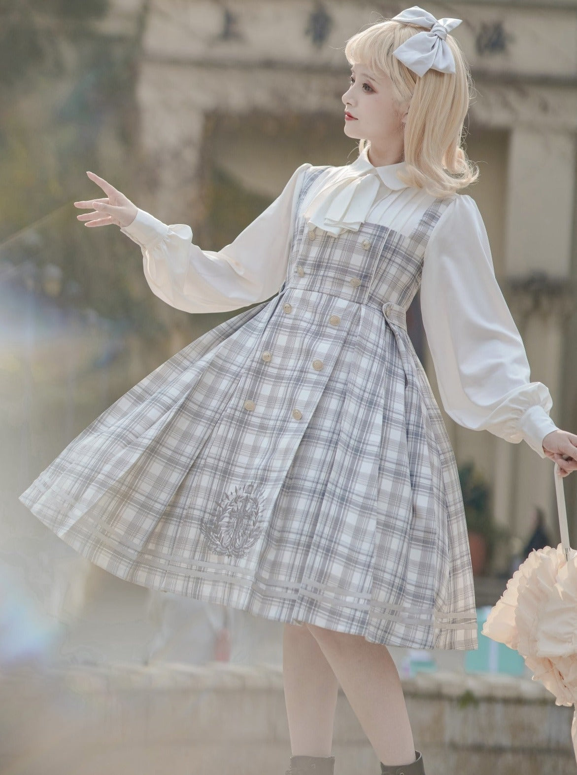 Bow Collar Volume Sleeve Plaid Dress + Cross Plaid Cape Coat