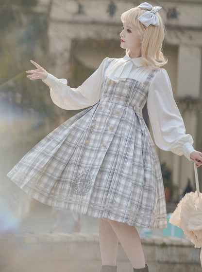 Bow Collar Volume Sleeve Plaid Dress + Cross Plaid Cape Coat