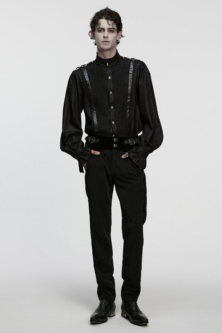 Black Stand Collar Long Puff Sleeves Ruffle Pleated Gothic Blouse