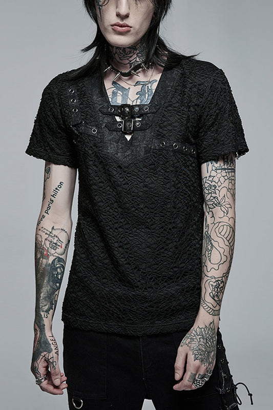 Black Short Sleeves Buckle Stitching Mesh Steampunk T-shirt