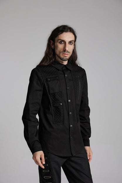 Black Lapel Collar Long Sleeves Zip Mesh Pocket Punk Blouse