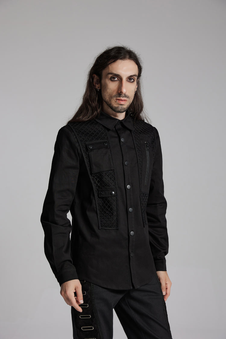 Black Lapel Collar Long Sleeves Zip Mesh Pocket Punk Blouse