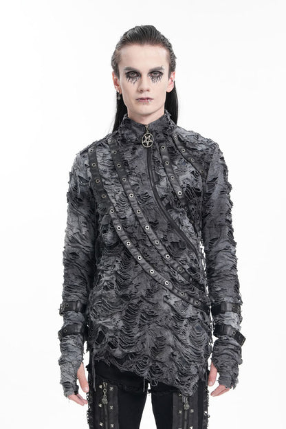 Black Stand Collar Ripped Eyelets Strap Gothic T-shirt
