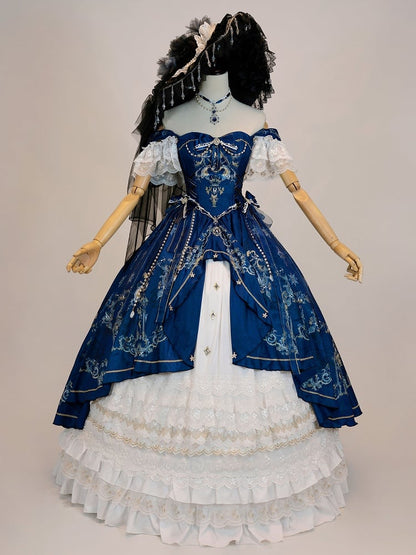 [pre-order Deadline: May 3] Dark Blue White Corset Lace Ribbon Lolita Jsk Princess Dress + Complete Set