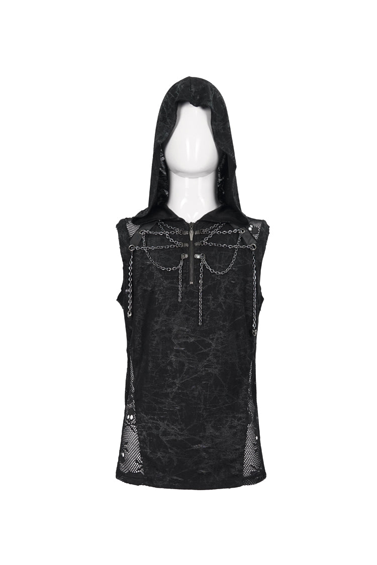 Black Skull Hollowed Out Print Stitched Sleeveless Chain Hoodie Punk Shirt