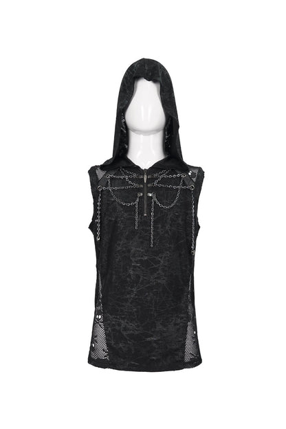 Black Skull Hollowed Out Print Stitched Sleeveless Chain Hoodie Punk Shirt