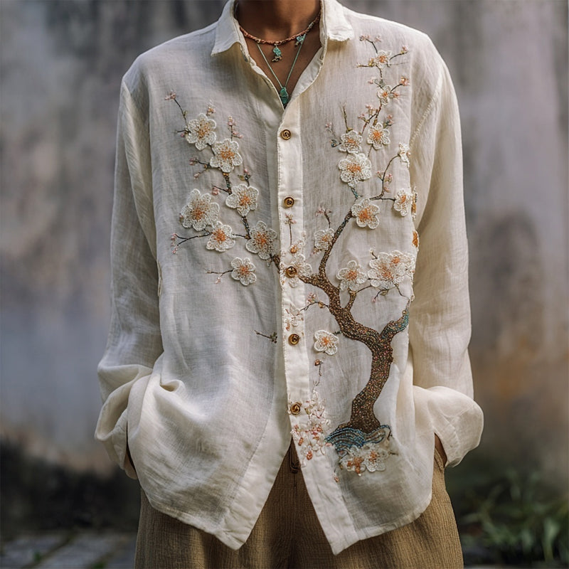 Men's Vintage Cherry Blossom Embroidered Linen Shirt elevenforest