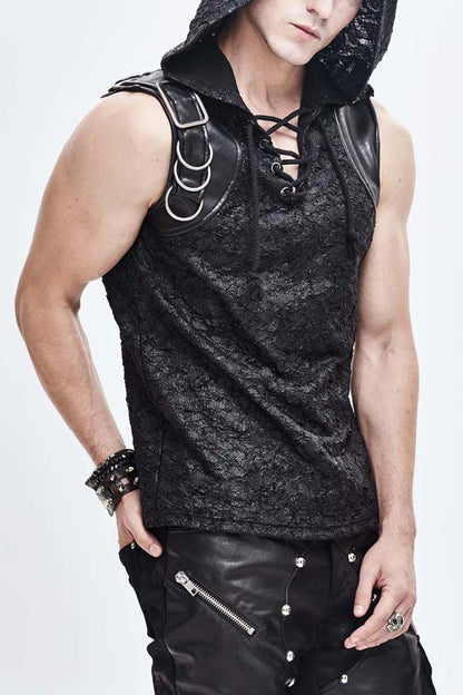 Black Hooded Tattered Chest Lace Up Metal Buckle Knit Punk Vest