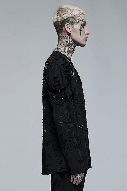 Black Gothic Broken Holes Knitted Fabric Stitching Metal Buckle Detachable Decorative Tape Long Sleeve T-shirt