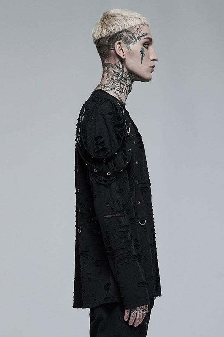Black Gothic Broken Holes Knitted Fabric Stitching Metal Buckle Detachable Decorative Tape Long Sleeve T-shirt