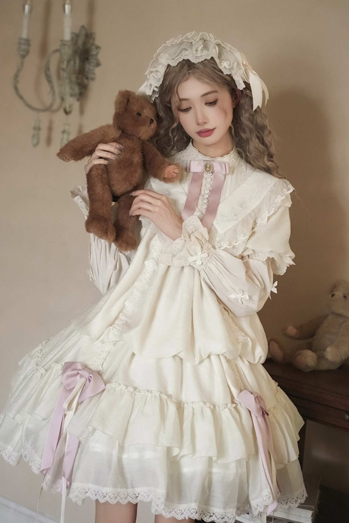 [pre-order] Rose Ruffle Lolita Dress + Dress + Belt + Brooch + Ribbon + Headband + Sleeve