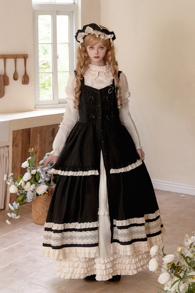 Doll Long Tiered Suspender Skirt + Shirt + Sleeves + Apron + Petticoat + Headband + Ribbon + Accessories