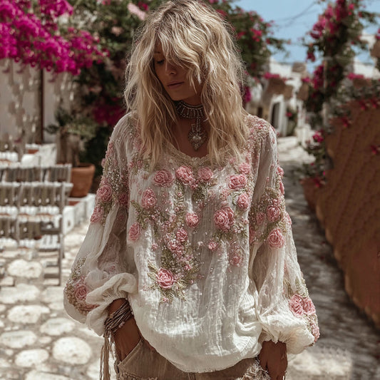 Women's Vintage Pink Rose Embroidery Casual Crew Neck Shirt elevenforest