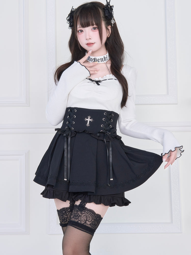 [pre-order] Choker Neck Square Ruffle Knit Top + Gothic Cross Lace Up Skirt