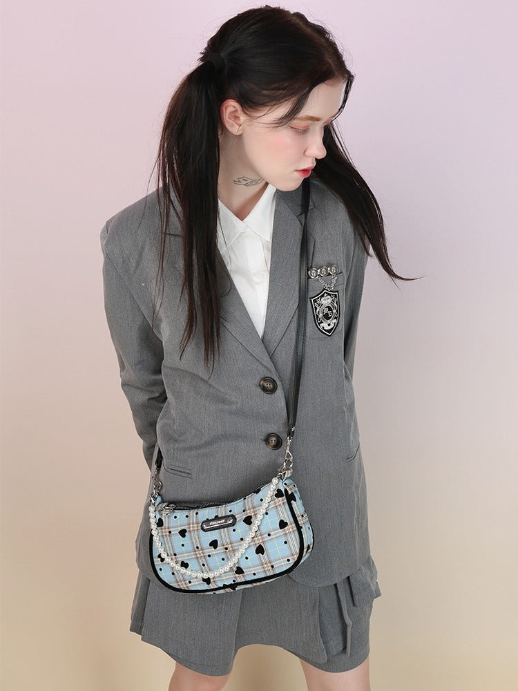 American Retro Sweet Cool Love Plaid Pearl Handle Shoulder Bag