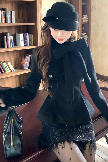 Stand Ribbon Big Bow Coat + Shiny Glitter Skirt