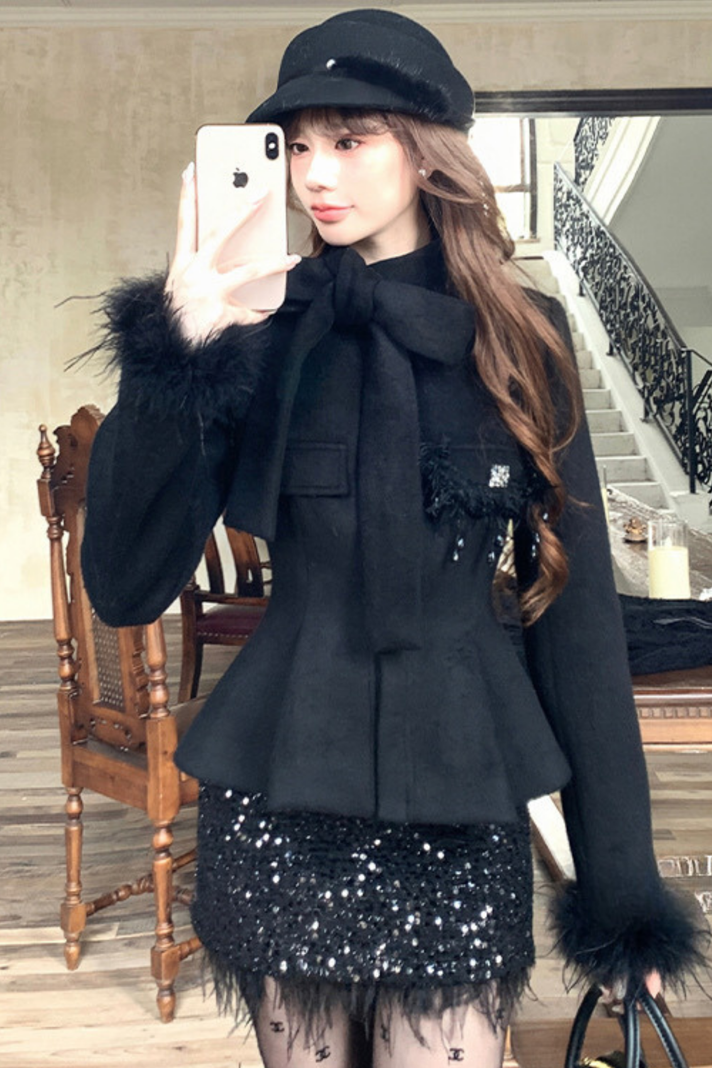 Stand Ribbon Big Bow Coat + Shiny Glitter Skirt