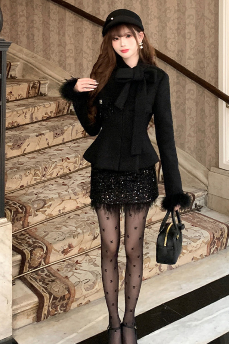 Stand Ribbon Big Bow Coat + Shiny Glitter Skirt
