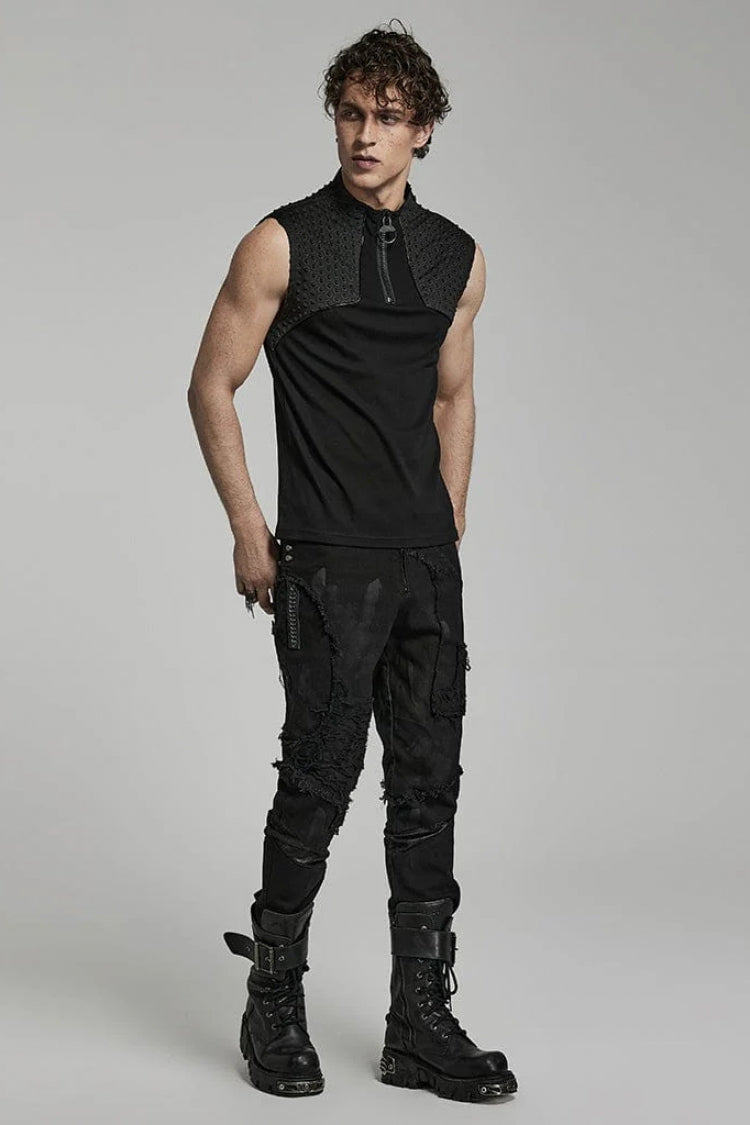 Black Sleeveless Stitching Zipper Steampunk Vest